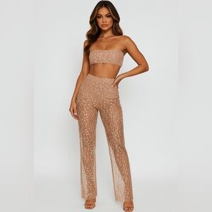 White Fox Boutique Sheer Sequin Wide Leg Pants in Nude